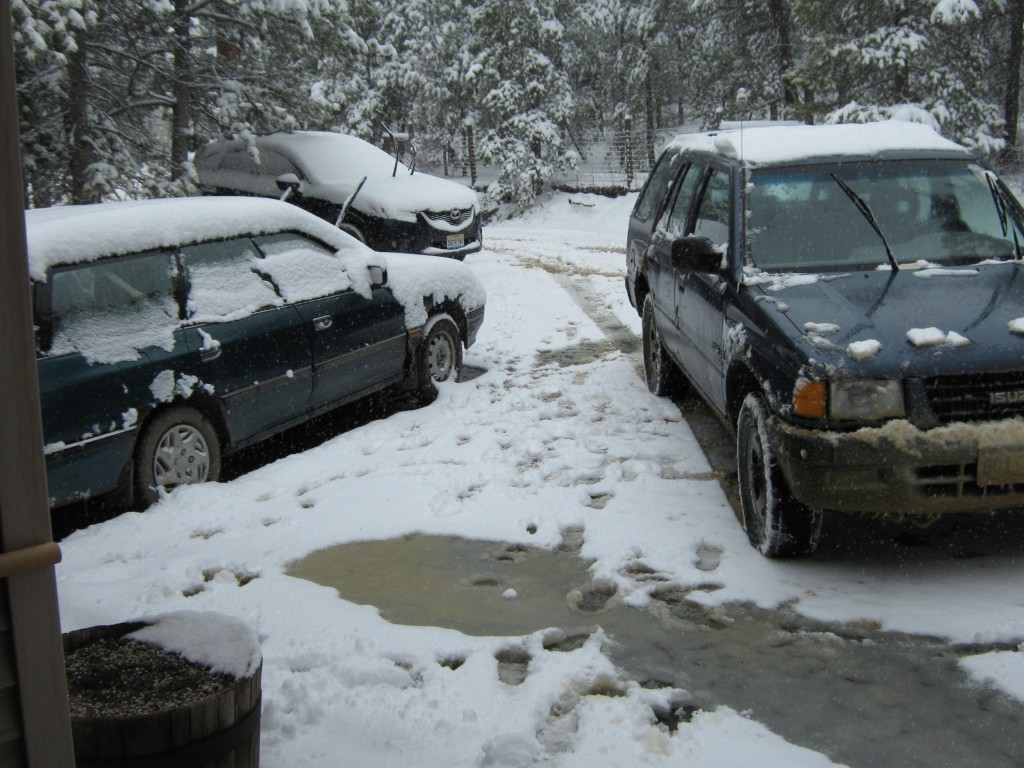 Cars parked on unshoveled snow.